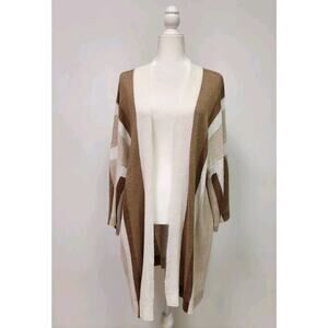 Per Se by Carlisle Open Duster Cardigan Linen LX Brown Color-Block Striped